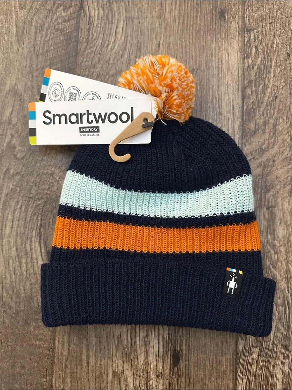 Smartwool 55% Merino Wool Stripe Pom Beanie Kids Hat Deep Navy